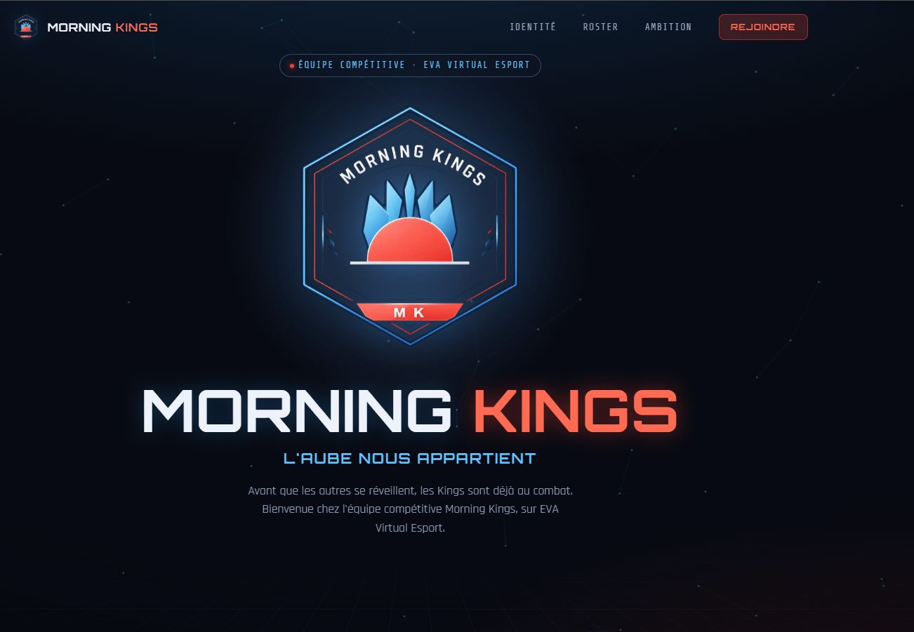 Page d'accueil du site Morning Kings, équipe esport compétitive