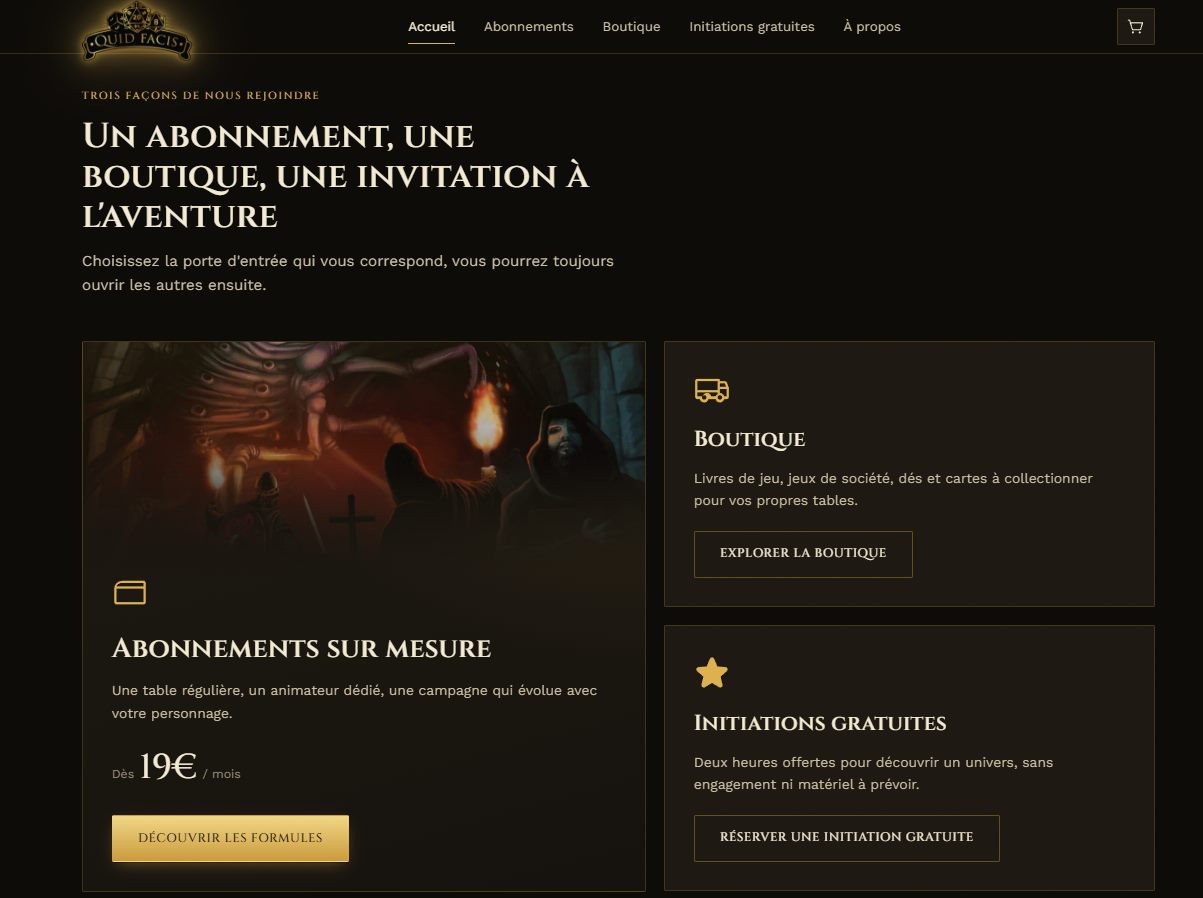 Page d'accueil du site Quid Facis, boutique et abonnements de jeu de rôle